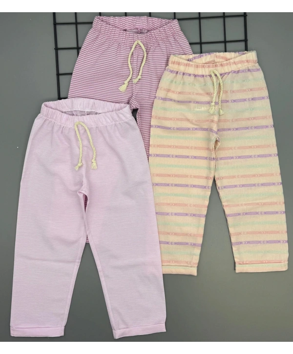 Kız Çocuk Desenli 3’lü Paket Gündelik Rahat Pantolon Seti 2-7 Yaş