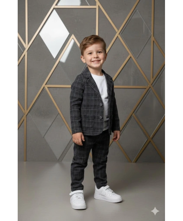 Erkek Çocuk Desenli Ceket Pantolon ve Tişörtlü 3lü Takım - Esnek & Pamuklu Kumaş