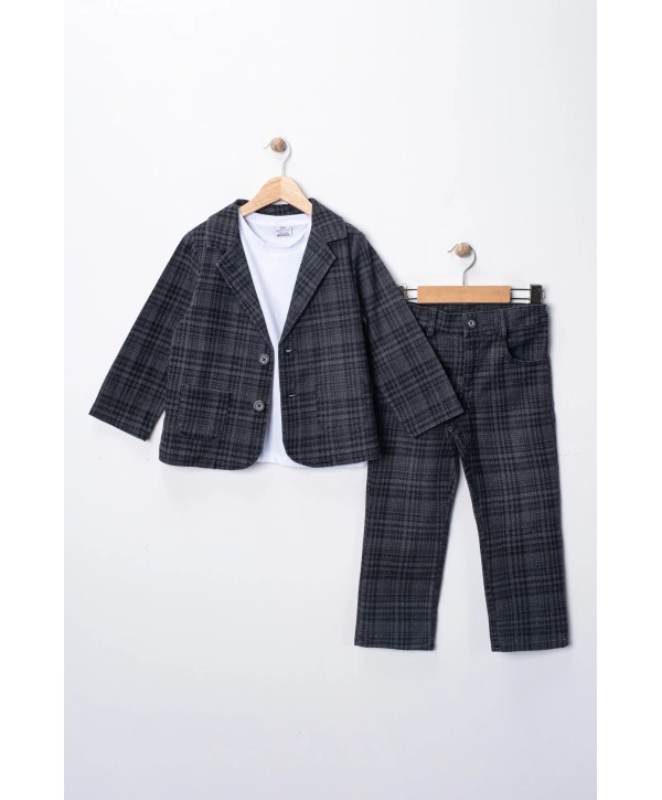 Erkek Çocuk Desenli Ceket Pantolon ve Tişörtlü 3lü Takım - Esnek & Pamuklu Kumaş