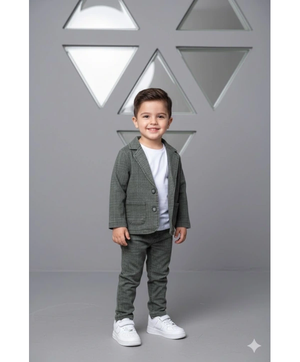 Erkek Çocuk Desenli Ceket Pantolon ve Tişörtlü 3lü Takım - Esnek & Pamuklu Kumaş