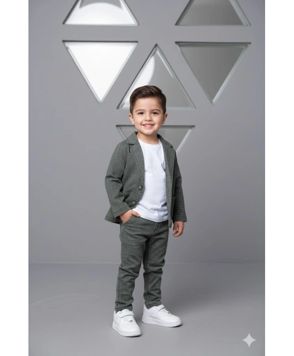 Erkek Çocuk Desenli Ceket Pantolon ve Tişörtlü 3lü Takım - Esnek & Pamuklu Kumaş