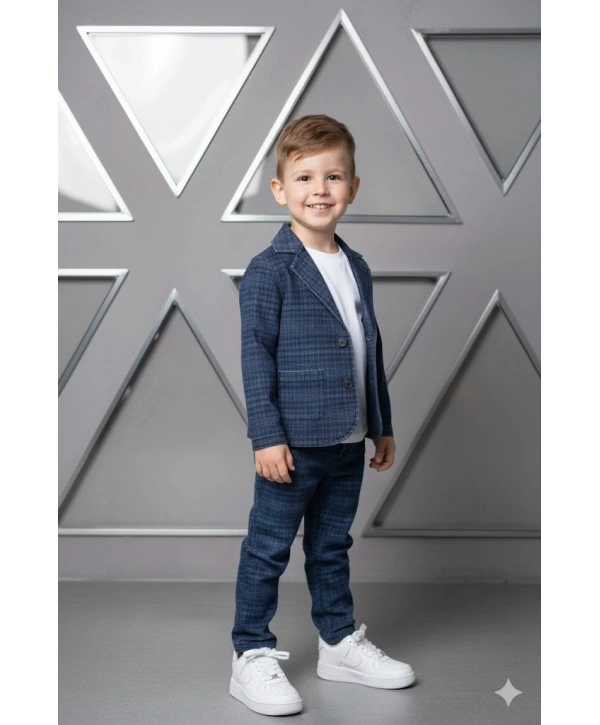 Erkek Çocuk Desenli Ceket Pantolon ve Tişörtlü 3lü Takım - Esnek & Pamuklu Kumaş