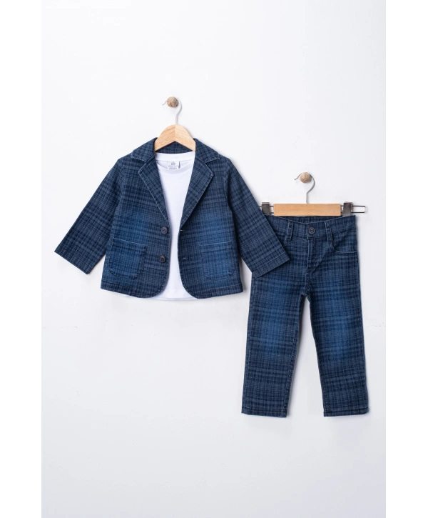 Erkek Çocuk Desenli Ceket Pantolon ve Tişörtlü 3lü Takım - Esnek & Pamuklu Kumaş