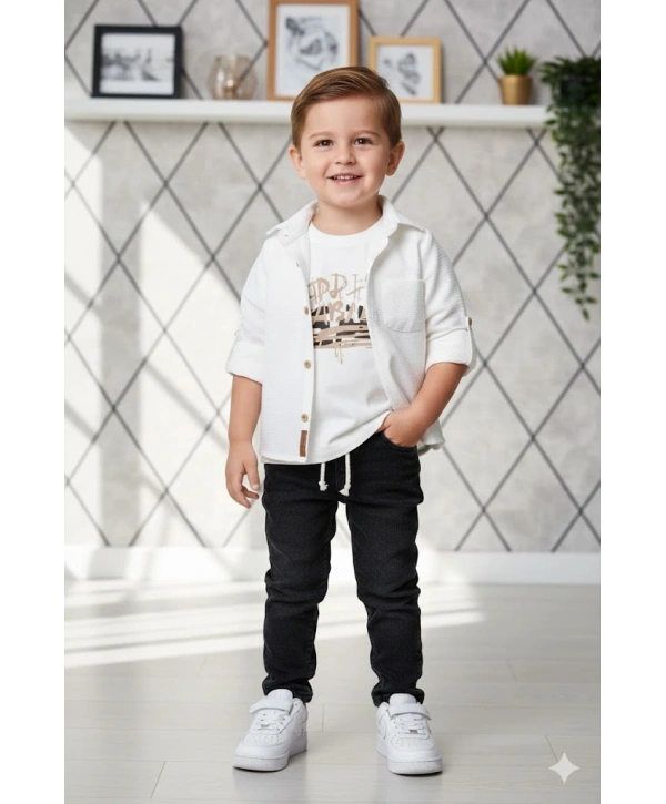 Erkek Çocuk 3lü Kombin Takım -Cepli Gömlek, %100 Pamuk Tişört ve Likralı Beli Lastikli Jean Pantolon