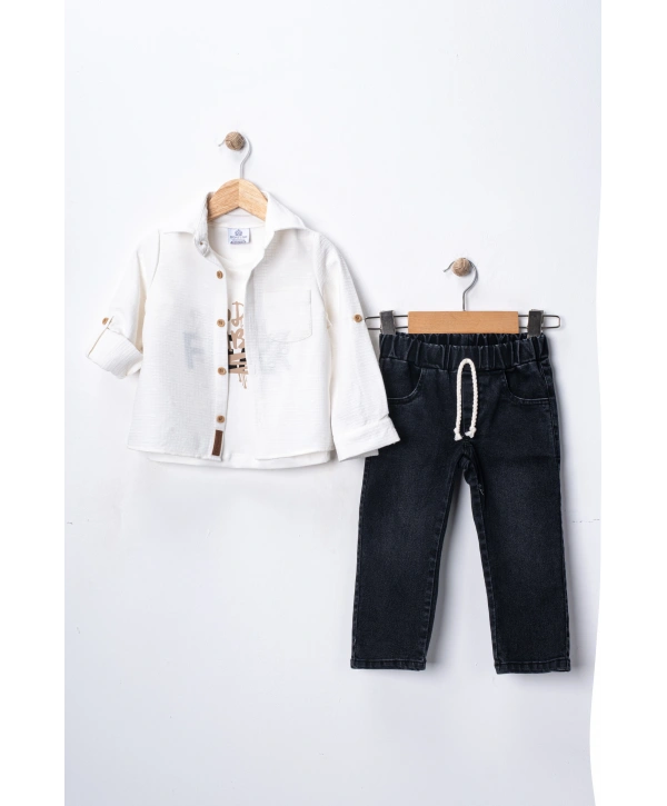 Erkek Çocuk 3lü Kombin Takım -Cepli Gömlek, %100 Pamuk Tişört ve Likralı Beli Lastikli Jean Pantolon