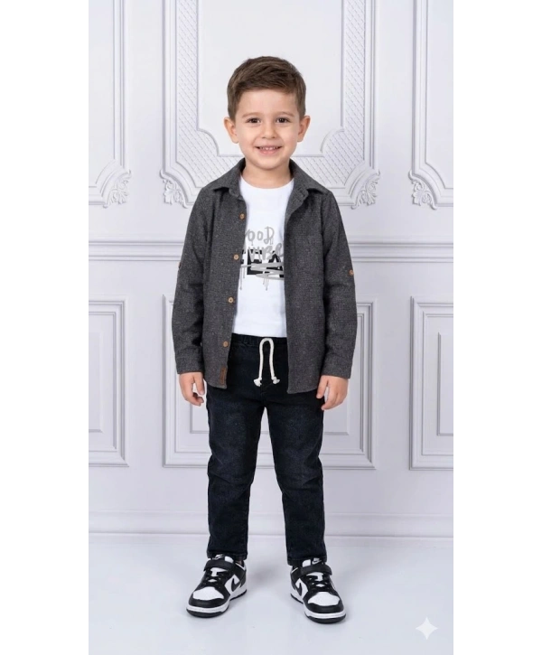 Erkek Çocuk 3lü Kombin Takım -Cepli Gömlek, %100 Pamuk Tişört ve Likralı Beli Lastikli Jean Pantolon