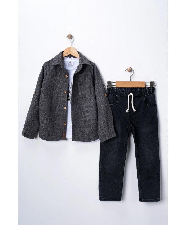 Erkek Çocuk 3lü Kombin Takım -Cepli Gömlek, %100 Pamuk Tişört ve Likralı Beli Lastikli Jean Pantolon
