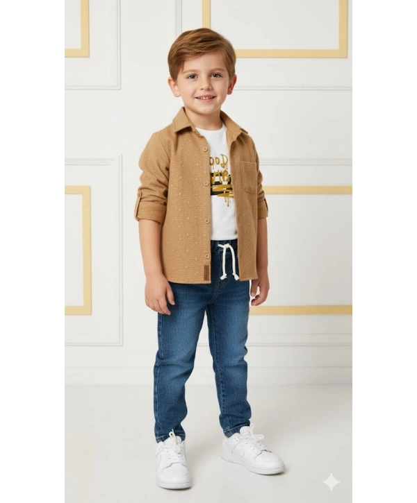 Erkek Çocuk 3lü Kombin Takım -Cepli Gömlek, %100 Pamuk Tişört ve Likralı Beli Lastikli Jean Pantolon