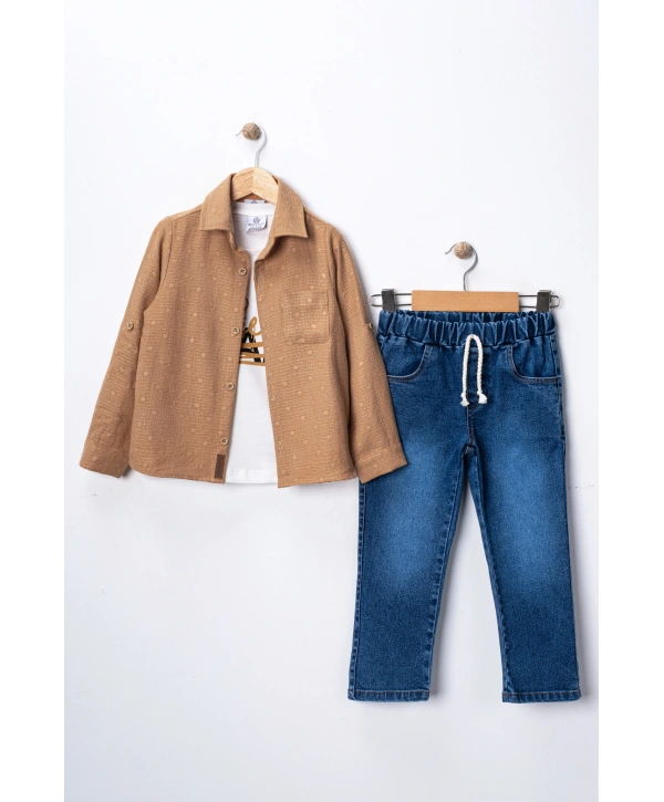 Erkek Çocuk 3lü Kombin Takım -Cepli Gömlek, %100 Pamuk Tişört ve Likralı Beli Lastikli Jean Pantolon