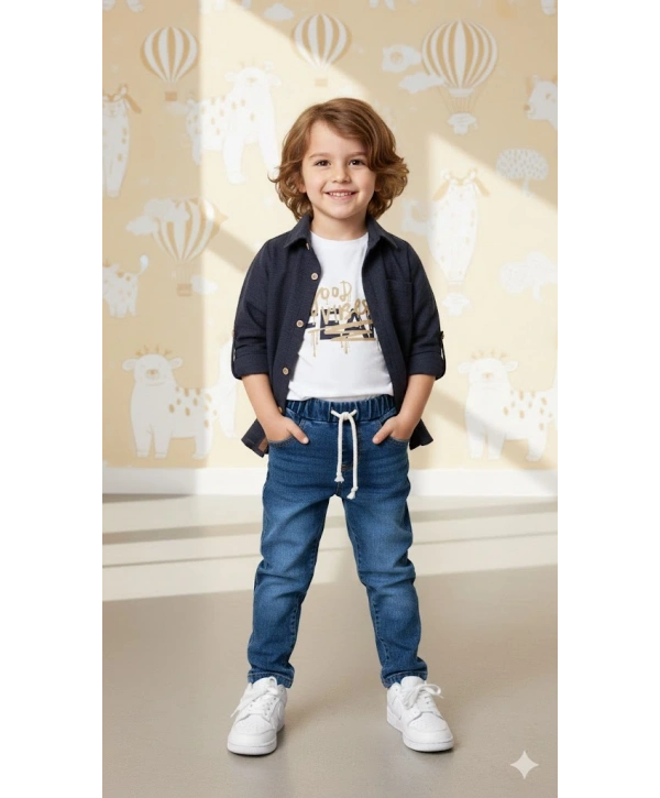 Erkek Çocuk 3lü Kombin Takım -Cepli Gömlek, %100 Pamuk Tişört ve Likralı Beli Lastikli Jean Pantolon