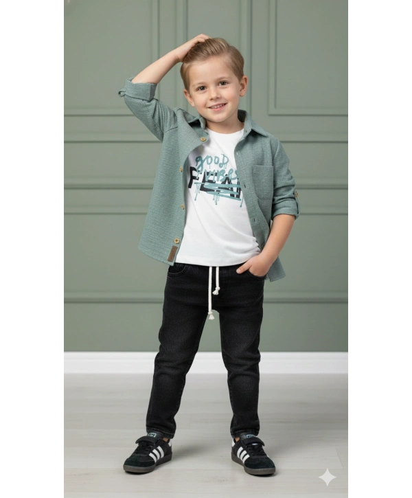 Erkek Çocuk 3lü Kombin Takım -Cepli Gömlek, %100 Pamuk Tişört ve Likralı Beli Lastikli Jean Pantolon