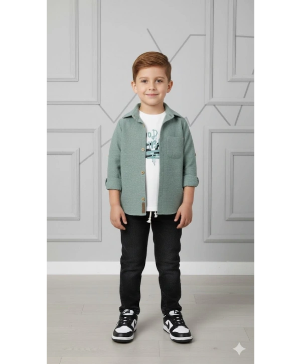 Erkek Çocuk 3lü Kombin Takım -Cepli Gömlek, %100 Pamuk Tişört ve Likralı Beli Lastikli Jean Pantolon