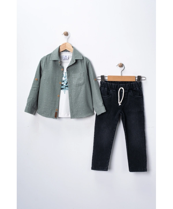 Erkek Çocuk 3lü Kombin Takım -Cepli Gömlek, %100 Pamuk Tişört ve Likralı Beli Lastikli Jean Pantolon