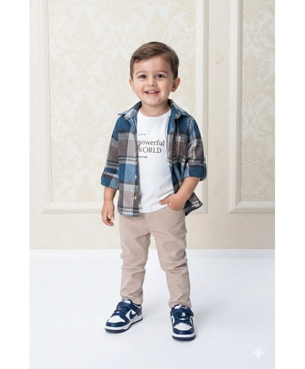 Erkek Çocuk Kolu Ayarlanabilir Gömlekli, Baskılı Tişörtlü ve Cepli Pantolonlu 3lü Lüks Takım