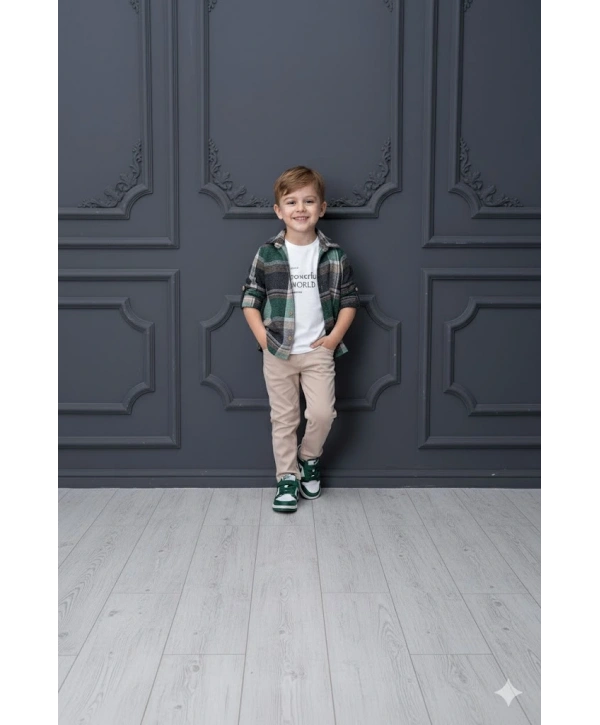 Erkek Çocuk Kolu Ayarlanabilir Gömlekli, Baskılı Tişörtlü ve Cepli Pantolonlu 3lü Lüks Takım