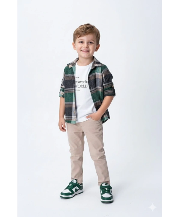 Erkek Çocuk Kolu Ayarlanabilir Gömlekli, Baskılı Tişörtlü ve Cepli Pantolonlu 3lü Lüks Takım