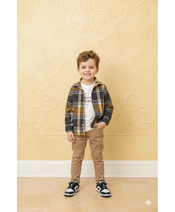 Erkek Çocuk Kolu Ayarlanabilir Gömlekli, Baskılı Tişörtlü ve Cepli Pantolonlu 3lü Lüks Takım