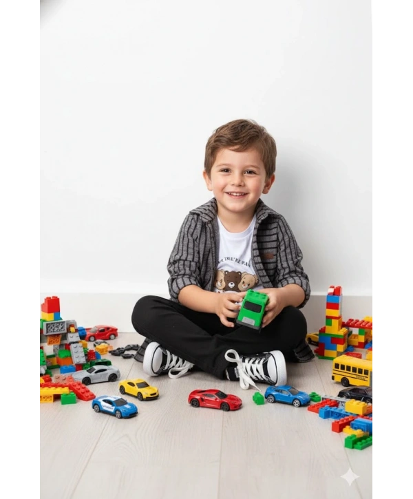 Erkek Çocuk 3lü Spor Takım Çizgili Ceket Ayıcık Baskılı Tişört ve Pantolonlu