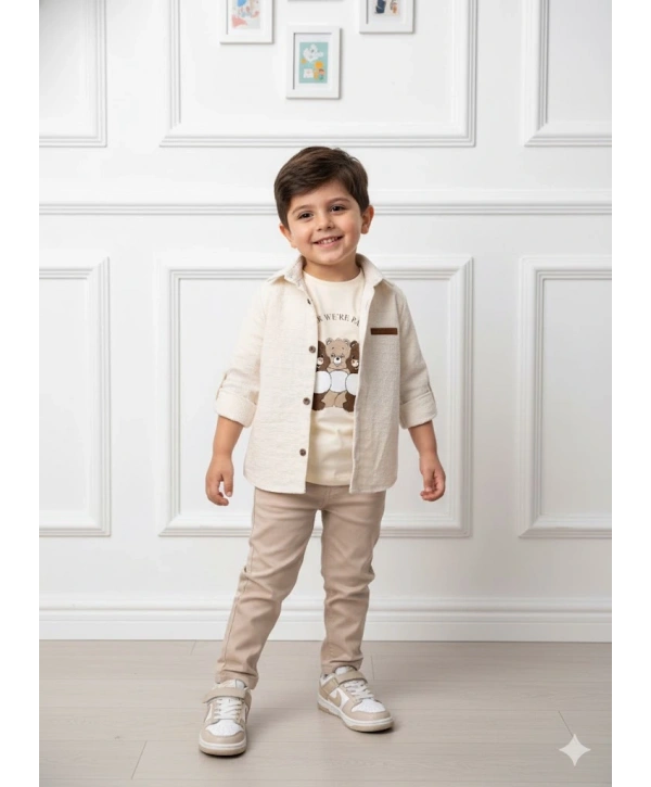 Erkek Çocuk 3lü Spor Takım Çizgili Ceket Ayıcık Baskılı Tişört ve Pantolonlu