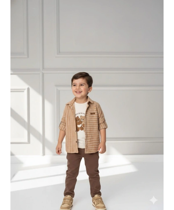 Erkek Çocuk 3lü Spor Takım Çizgili Ceket Ayıcık Baskılı Tişört ve Pantolonlu