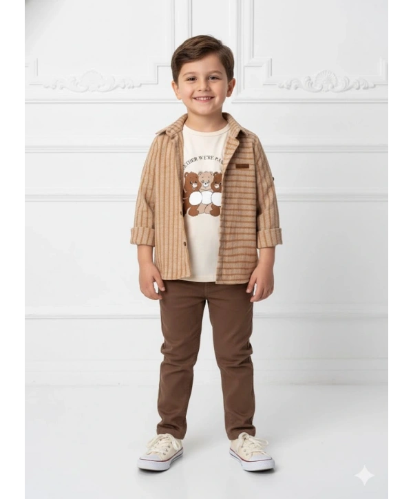 Erkek Çocuk 3lü Spor Takım Çizgili Ceket Ayıcık Baskılı Tişört ve Pantolonlu