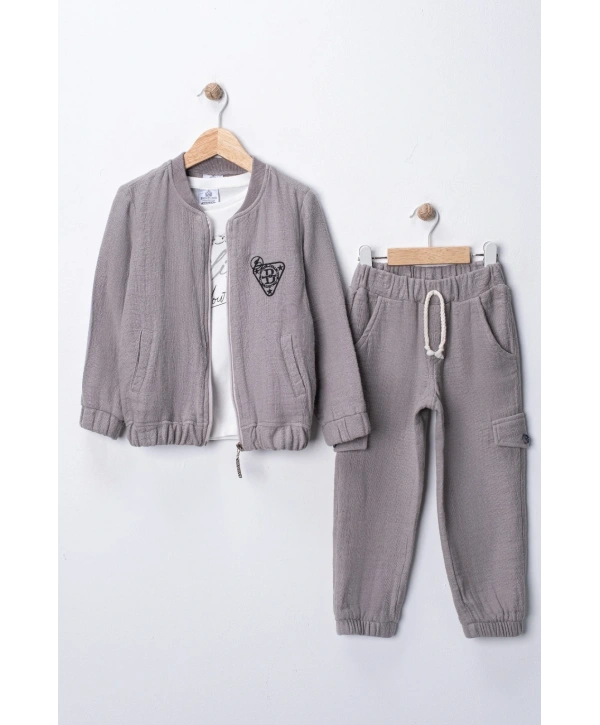 Erkek Çocuk Sweatshirt, Hırka ve Pantolonlu %100 Pamuk 3lü Spor Takım