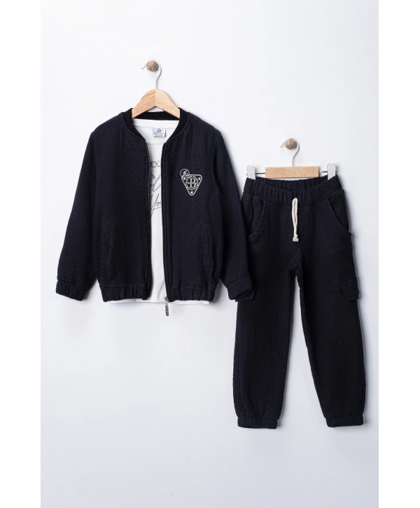 Erkek Çocuk Sweatshirt, Hırka ve Pantolonlu %100 Pamuk 3lü Spor Takım