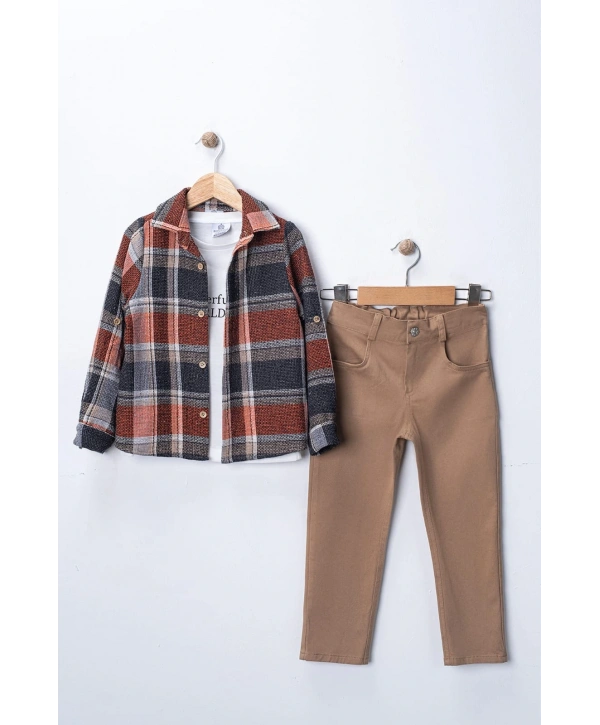 Erkek Çocuk Kolu Ayarlanabilir Gömlekli, Baskılı Tişörtlü ve Cepli Pantolonlu 3lü Lüks Takım