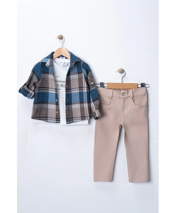 Erkek Çocuk Kolu Ayarlanabilir Gömlekli, Baskılı Tişörtlü ve Cepli Pantolonlu 3lü Lüks Takım