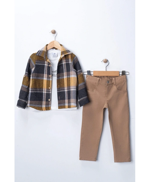 Erkek Çocuk Kolu Ayarlanabilir Gömlekli, Baskılı Tişörtlü ve Cepli Pantolonlu 3lü Lüks Takım