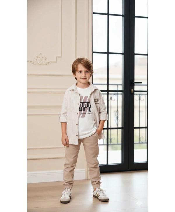 Erkek Çocuk Şapka Hediyeli Kolu Ayarlanabilir Gömlekli, Tişörtlü ve Pantolonlu 3lü Kombin Takım