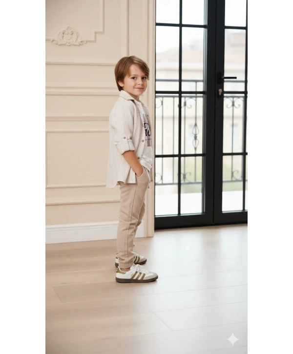 Erkek Çocuk Şapka Hediyeli Kolu Ayarlanabilir Gömlekli, Tişörtlü ve Pantolonlu 3lü Kombin Takım