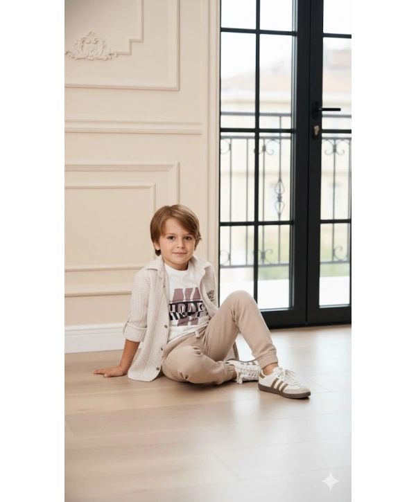 Erkek Çocuk Şapka Hediyeli Kolu Ayarlanabilir Gömlekli, Tişörtlü ve Pantolonlu 3lü Kombin Takım