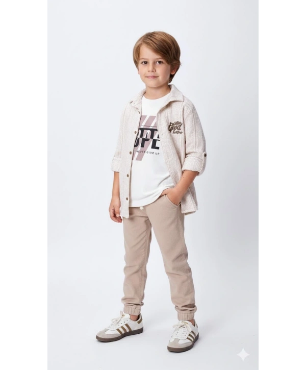 Erkek Çocuk Şapka Hediyeli Kolu Ayarlanabilir Gömlekli, Tişörtlü ve Pantolonlu 3lü Kombin Takım