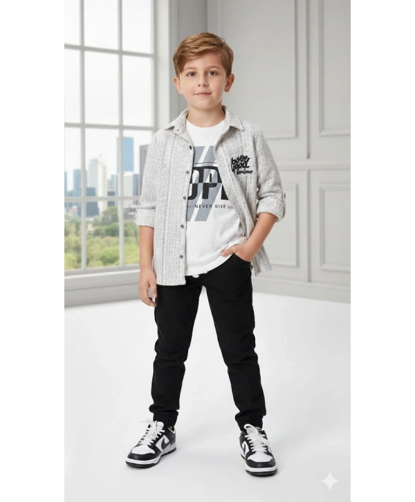 Erkek Çocuk Şapka Hediyeli Kolu Ayarlanabilir Gömlekli, Tişörtlü ve Pantolonlu 3lü Kombin Takım