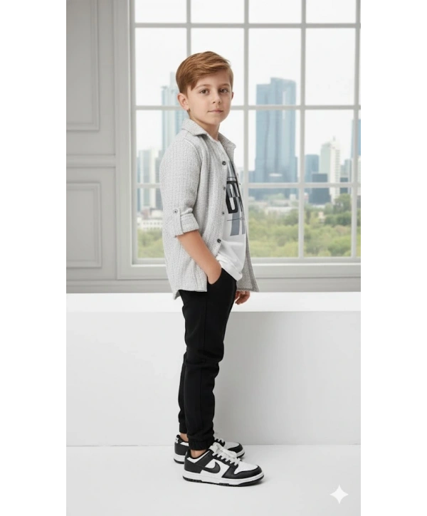 Erkek Çocuk Şapka Hediyeli Kolu Ayarlanabilir Gömlekli, Tişörtlü ve Pantolonlu 3lü Kombin Takım