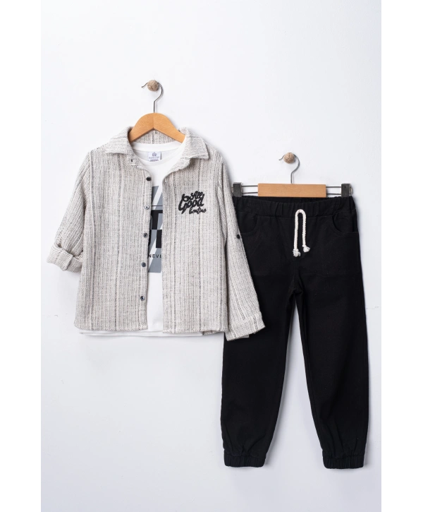 Erkek Çocuk Şapka Hediyeli Kolu Ayarlanabilir Gömlekli, Tişörtlü ve Pantolonlu 3lü Kombin Takım