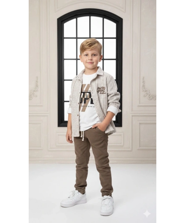 Erkek Çocuk Şapka Hediyeli Kolu Ayarlanabilir Gömlekli, Tişörtlü ve Pantolonlu 3lü Kombin Takım