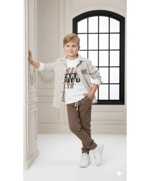 Erkek Çocuk Şapka Hediyeli Kolu Ayarlanabilir Gömlekli, Tişörtlü ve Pantolonlu 3lü Kombin Takım