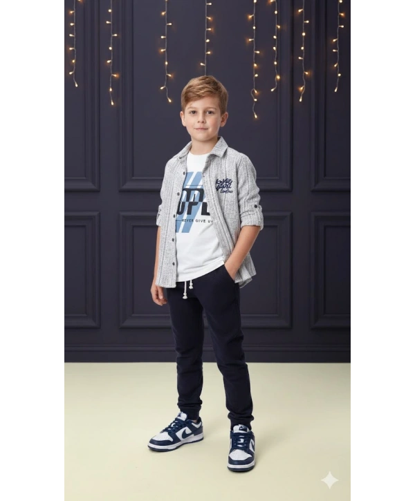 Erkek Çocuk Şapka Hediyeli Kolu Ayarlanabilir Gömlekli, Tişörtlü ve Pantolonlu 3lü Kombin Takım