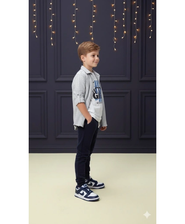 Erkek Çocuk Şapka Hediyeli Kolu Ayarlanabilir Gömlekli, Tişörtlü ve Pantolonlu 3lü Kombin Takım