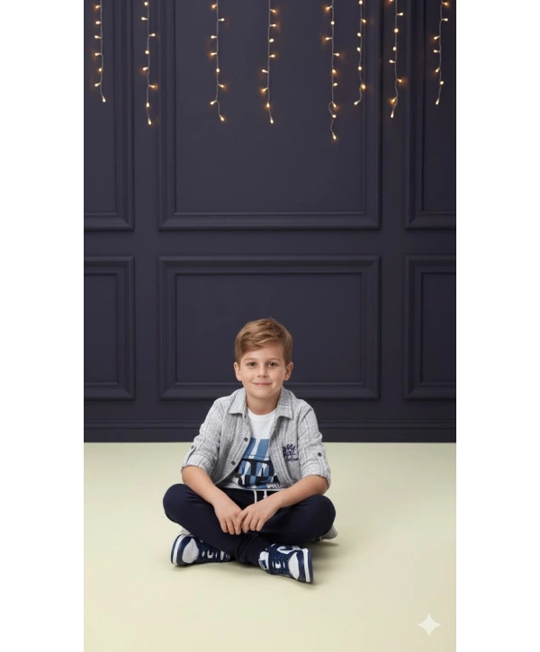 Erkek Çocuk Şapka Hediyeli Kolu Ayarlanabilir Gömlekli, Tişörtlü ve Pantolonlu 3lü Kombin Takım