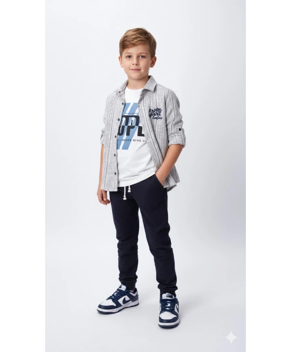 Erkek Çocuk Şapka Hediyeli Kolu Ayarlanabilir Gömlekli, Tişörtlü ve Pantolonlu 3lü Kombin Takım