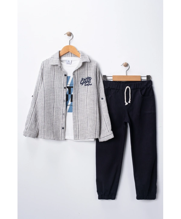 Erkek Çocuk Şapka Hediyeli Kolu Ayarlanabilir Gömlekli, Tişörtlü ve Pantolonlu 3lü Kombin Takım