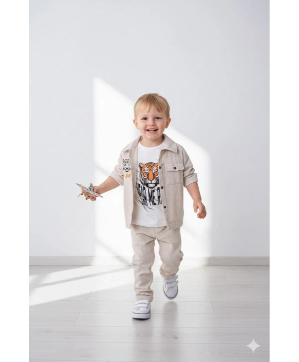 Erkek Çocuk Şapka Hediyeli Kaplan Baskılı 3’lü Kombin Takım - Ceket, Tişört ve Pantolon