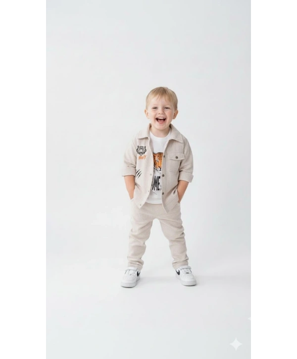 Erkek Çocuk Şapka Hediyeli Kaplan Baskılı 3’lü Kombin Takım - Ceket, Tişört ve Pantolon