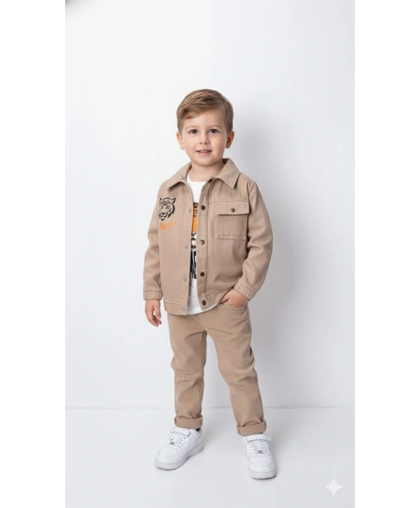 Erkek Çocuk Şapka Hediyeli Kaplan Baskılı 3’lü Kombin Takım - Ceket, Tişört ve Pantolon