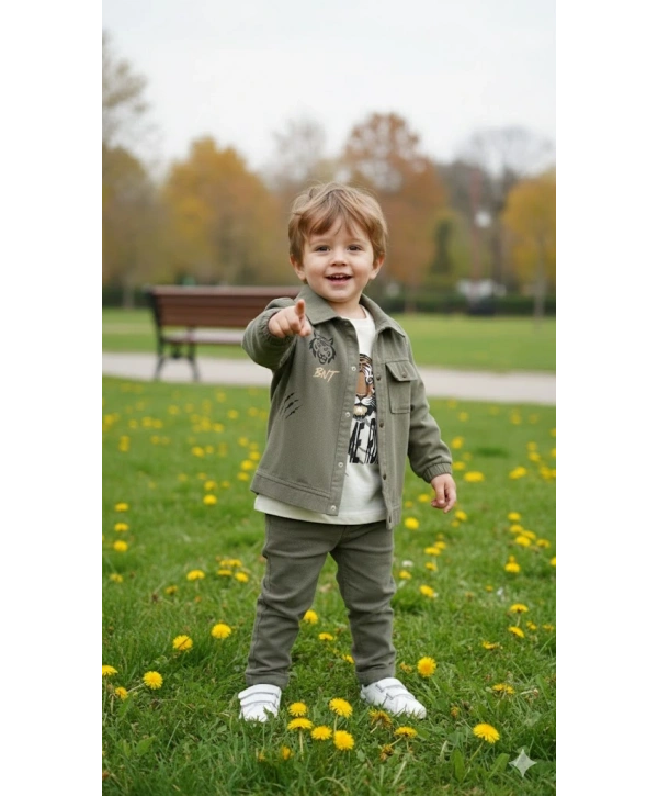 Erkek Çocuk Şapka Hediyeli Kaplan Baskılı 3’lü Kombin Takım - Ceket, Tişört ve Pantolon