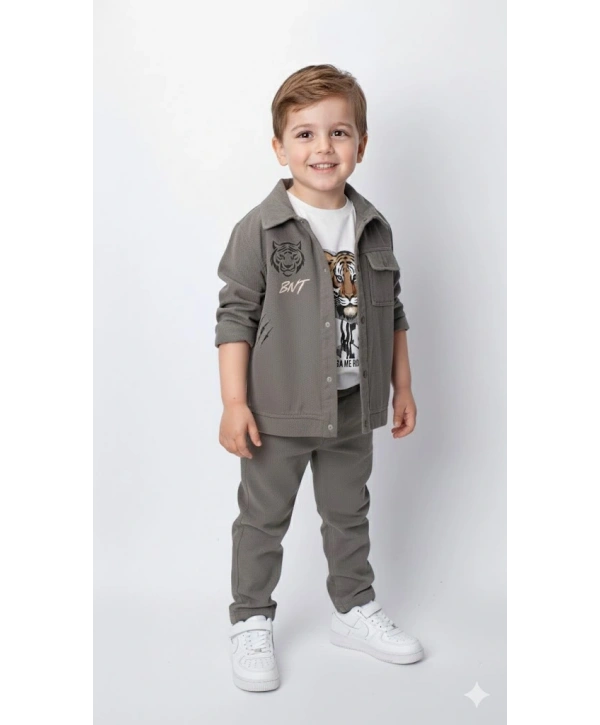 Erkek Çocuk Şapka Hediyeli Kaplan Baskılı 3’lü Kombin Takım - Ceket, Tişört ve Pantolon