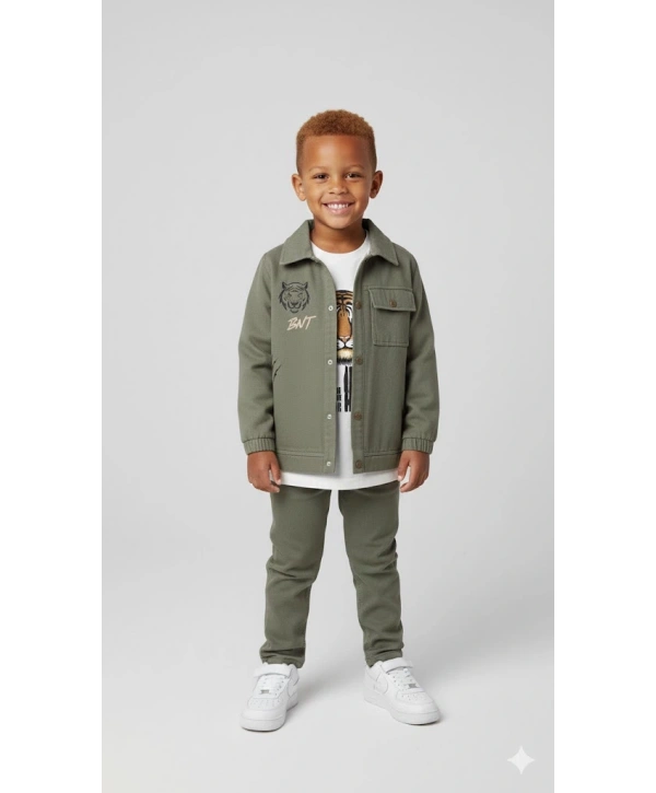 Erkek Çocuk Şapka Hediyeli Kaplan Baskılı 3’lü Kombin Takım - Ceket, Tişört ve Pantolon